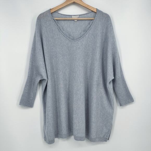 Garnet Hill Cashmere Lace-Trimmed Oversized Sweater Womens M Light Blue Pullover - Picture 1 of 11